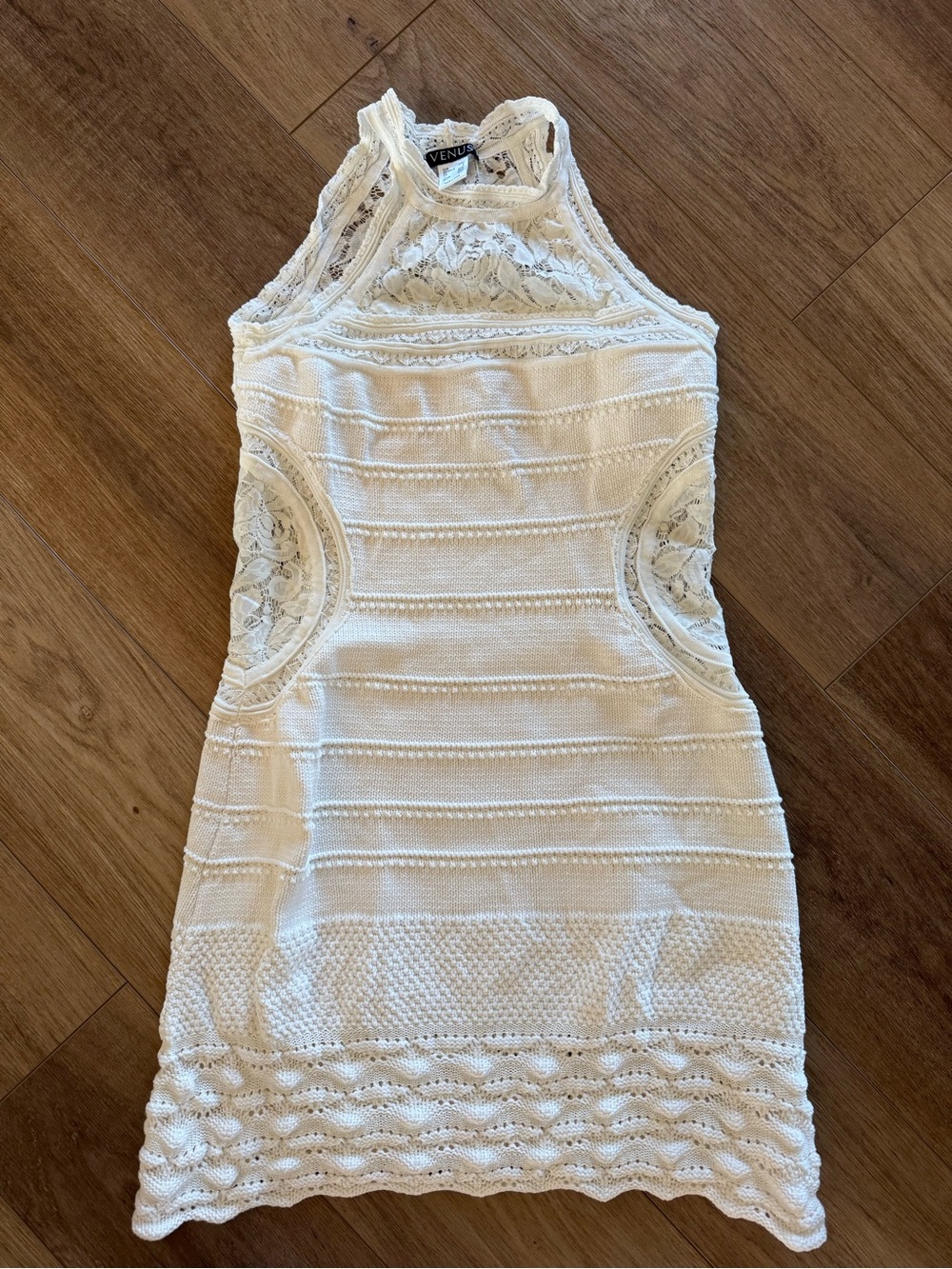 VENUS Cream Lace Knit Halter Mini Dress